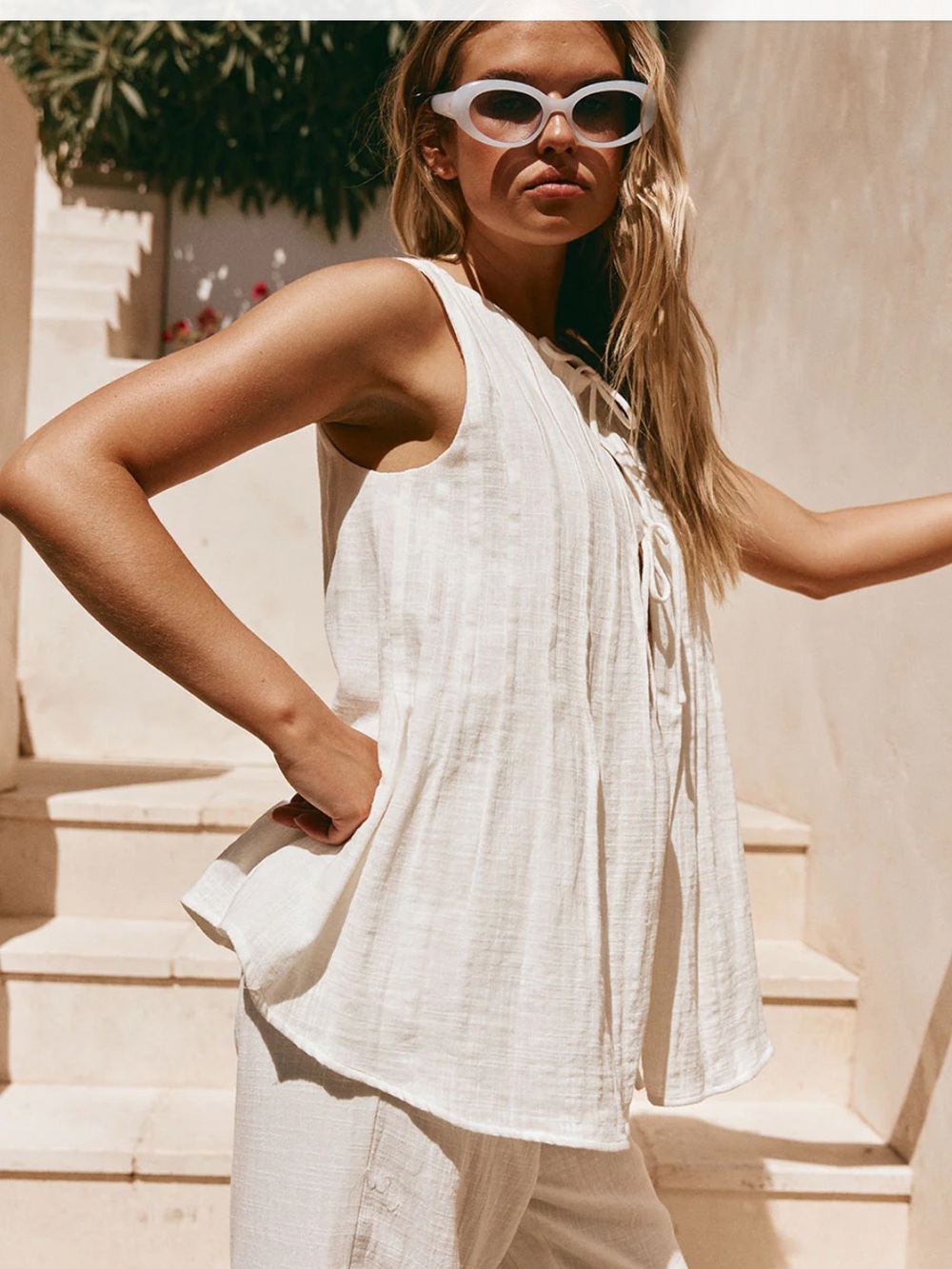 Lightweight Cream Tie-Front Women's Top - Picture 3 of 7